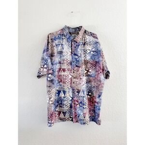Weekender Traveler Shirt Mens XL Blue Purple Batik Geometric Vintage Button Down